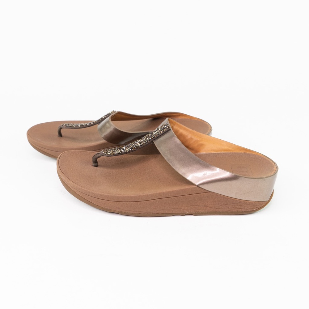 Fitflop Fino Toe-Post Flip Flops Bronze Wedge #C89-012 Glitter Studded Womens 9